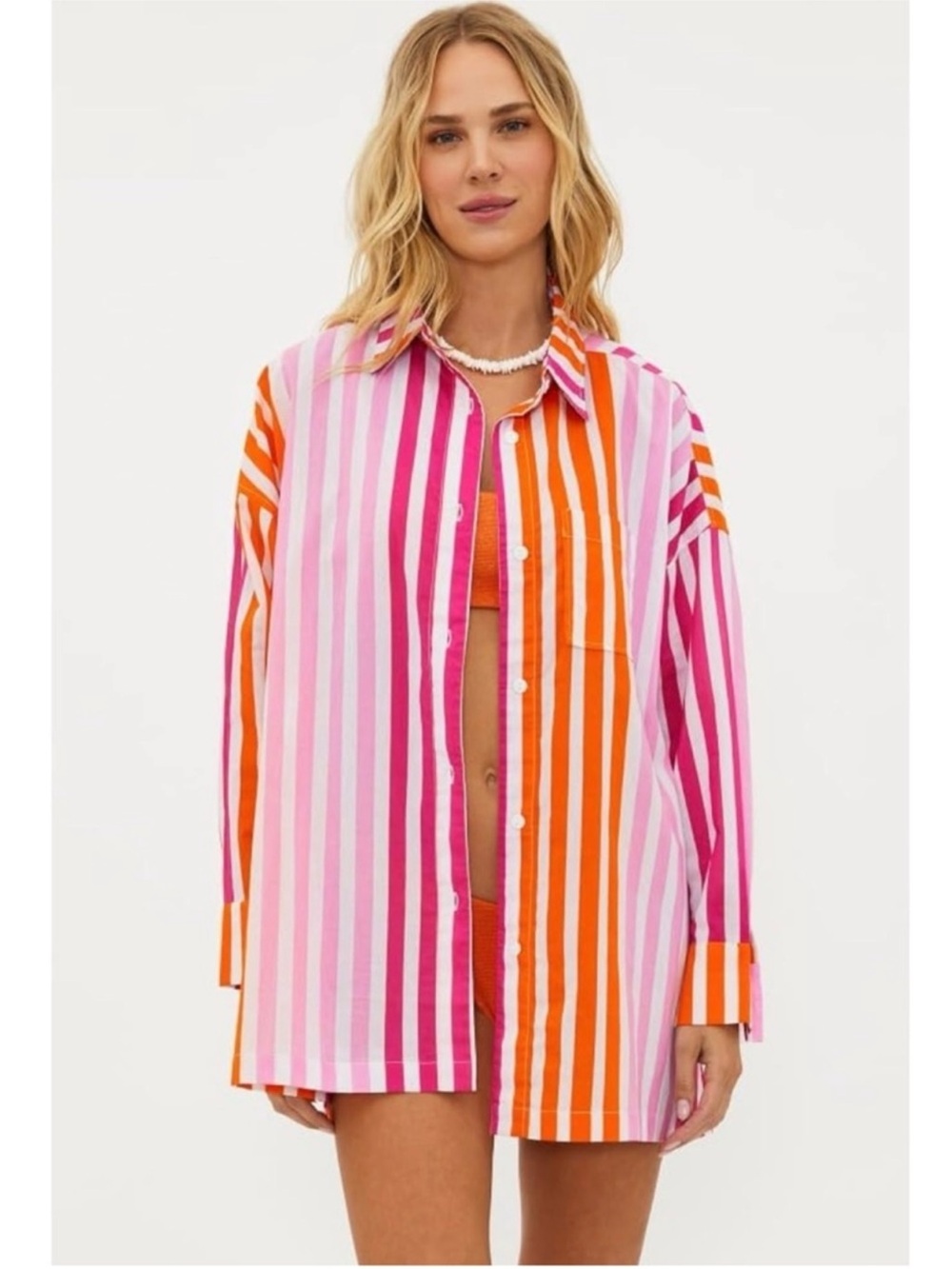 Beach Riot Alexa Sunset Stripe Pink, Fuchsia & Orange Striped Button-Down Shirt